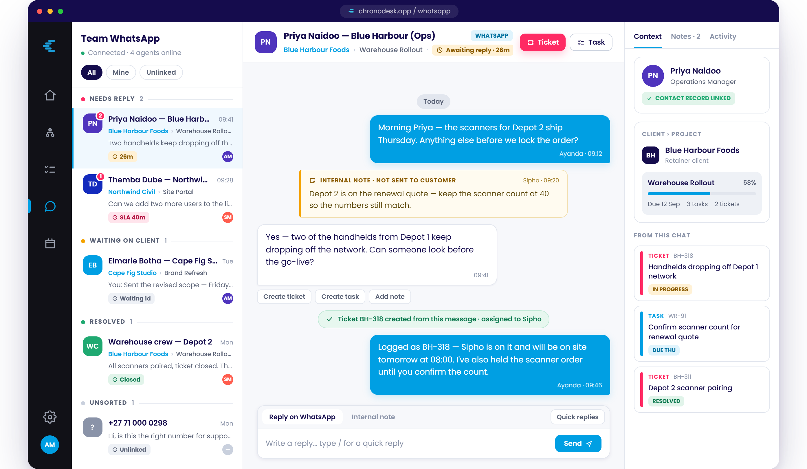 Chronodesk service desk showing tickets created from WhatsApp Business messages